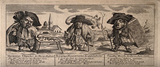 Glysterpipe Fillpacket, Peregrino Mountebanko and Timothy Mouth: three itinerant medicine vendors selling their wares. Engraving.