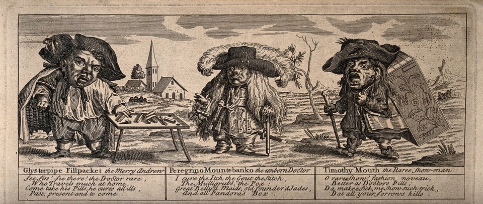 Glysterpipe Fillpacket, Peregrino Mountebanko and Timothy Mouth: three dwarfs as itinerant medicine vendors selling their wares. Engraving.
