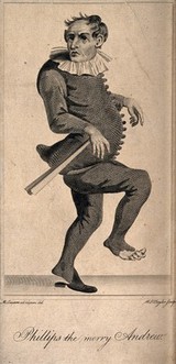 Phillips, a clown, known as 'the Merry Andrew'. Line engraving by W.J. Taylor after M. Laroon.