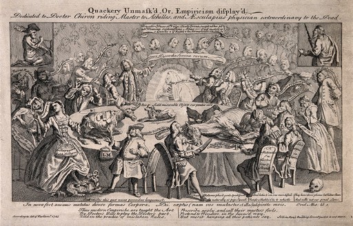 A large table in a lecture hall with many medical practitioners of dubious fame seated around it: in the background are many tiers of spectators. Engraving, 1748.