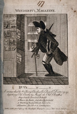 view An eccentric itinerant medicine vendor who collects old books, outside a bookshop. Etching.