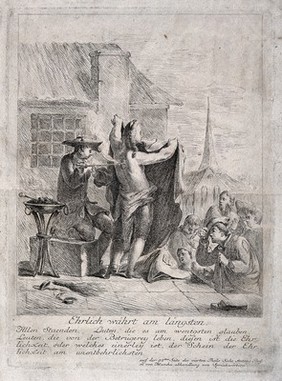 A itinerant medicine vendor demonstrating a deceptive illusion to an audience, he is pretending to burn a man's back and then use ointment to clear up the burns, in order to sell his wares. Etching.