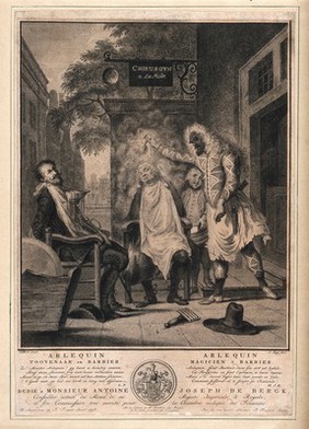 Harlequin, magician and barber: the deceived rivals. Engraving by P. Tanjé, 1758, after C. Troost, 1738.