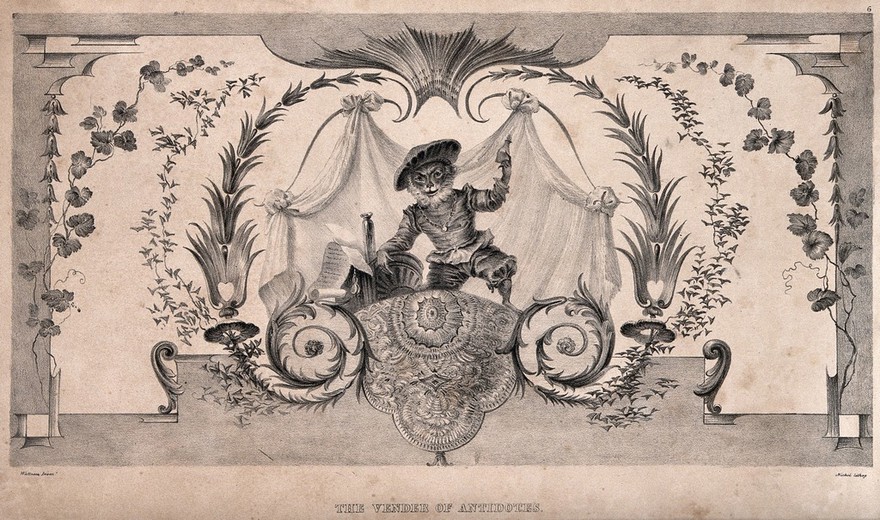 A monkey, dressed in human clothing and holding up a medicinal remedy: representing quacks or itinerant medicine vendors. Lithograph by W. Nichol after J. Watteau.
