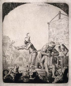 An itinerant medicine vendor selling his wares on stage to an audience while his assistant draws a tooth from a man. Etching by Diebiey, 1767.