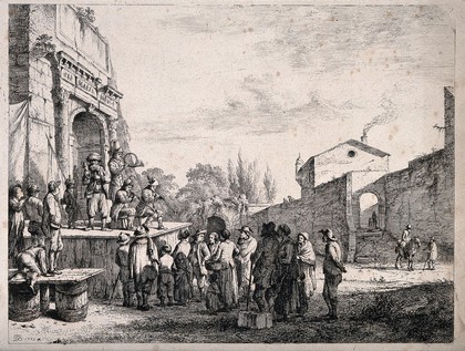 An itinerant medicine vendor selling his wares on stage with the aid of three musicians to an audience in the ruins of a temple. Etching by J.J. de Boissieu, 1773.