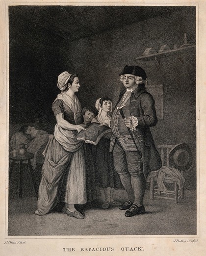 A greedy medical practitioner demanding a section of bread or cake (?) for payment from a poor family. Stipple engraving by J. Baldrey, 1784, after E. Penny.