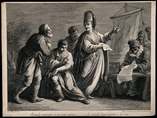 An itinerant medicine vendor selling his wares to a man with a son with a poorly arm. Engraving by P. da Colle after N. Cavalli after F. Maggiotto.