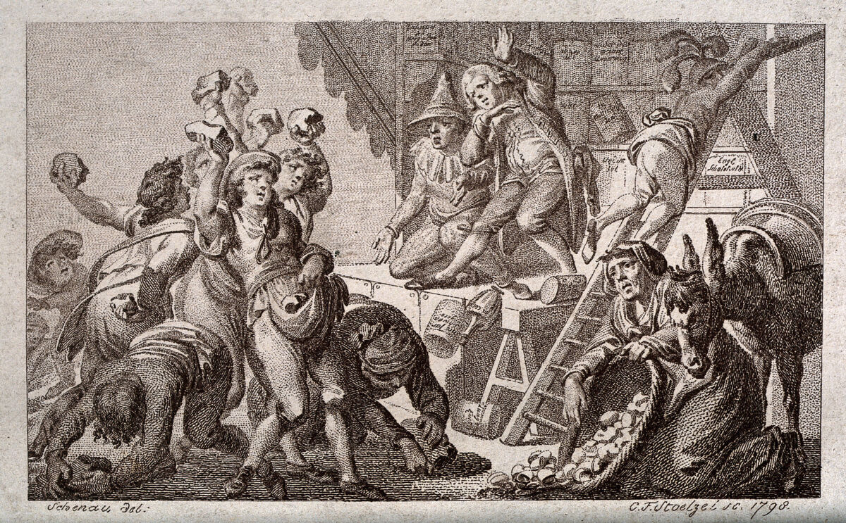 An itinerant medicine vendor and his assistants being pelted off stage with stones from an angry audience. Engraving by C.F. Stoelzel, 1798, after J. Schenau., 1798, by Johann Eleazar Zeissig