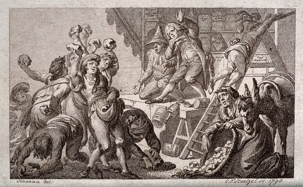 An itinerant medicine vendor and his assistants being pelted off stage with stones from an angry audience. Engraving by C.F. Stoelzel, 1798, after J. Schenau.