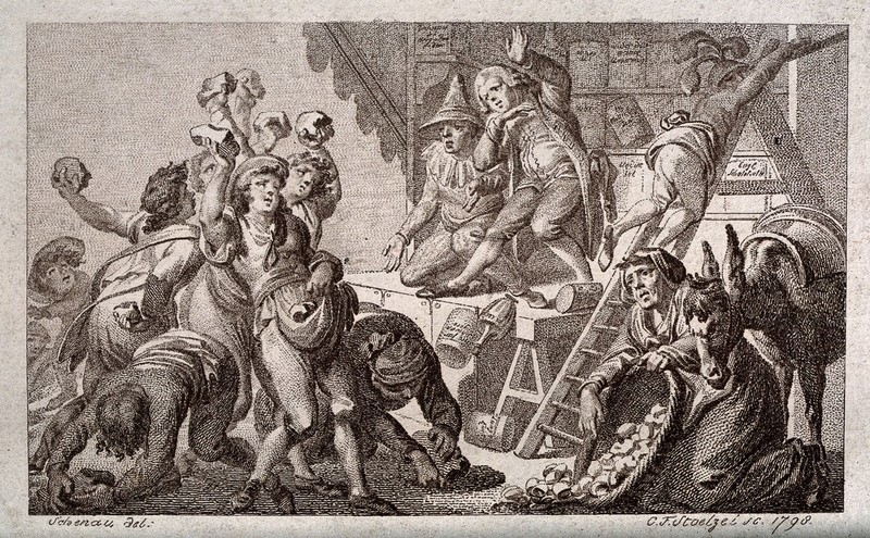 An itinerant medicine vendor and his assistants being pelted off stage with stones from an angry audience. Engraving by C.F. Stoelzel, 1798, after J. Schenau., 1798, by Johann Eleazar Zeissig