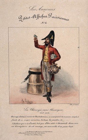 view A salesman selling booklets on self-surgery from a knapsack in the street. Coloured lithograph by C. Philipon, 1829.