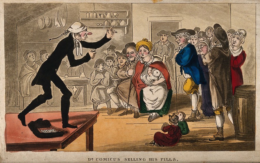 An itinerant medicine vendor in England selling his wares inside a country inn. Coloured etching by T. Illman.