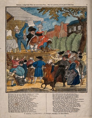 An itinerant medicine vendor performing on stage with two assistants and a monkey, selling his wares to an excitable crowd. Coloured wood engraving by J. Oortman.