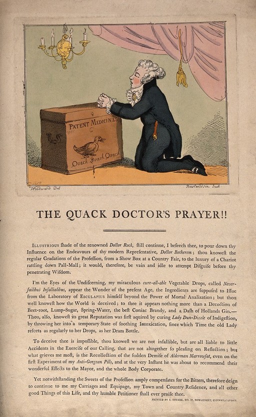 A medicine vendor kneeling and praying. Coloured etching by