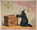 view A medicine vendor kneeling and praying. Coloured etching by T. Rowlandson, 1801, after G. Woodward.