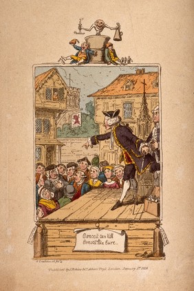 An elaborately dressed medicine vendor selling his wares from a stage to an audience, he points to a member of the crowd whose appearence suggests he is a doctor. Coloured etching by G. Cruikshank, 1819.