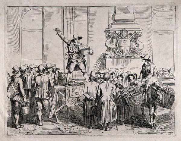 A salesman in Rome with a snake selling amulets as antidotes or prophylactics against snake-bite to a crowd of people. Etching by B. Pinelli, 1821.