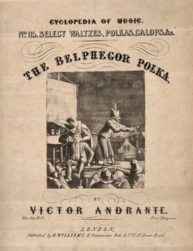 An itinerant medicine vendor selling his wares on stage with the aid of an assistant who is extracting a tooth from a man from the audience. Process print.