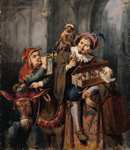 An itinerant medicine vendor sitting on a donkey with his boxes of medicines, a monkey sits on his shoulder and a boy in a fool's costume blows a trumpet. Watercolour by M. Calisch.