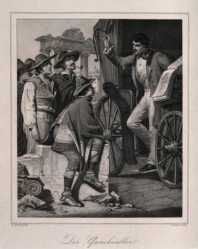 A well groomed itinerant medicine vendor selling his wares from a smart carriage. Steel engraving by K. Schüler (?) after F. Piloty.