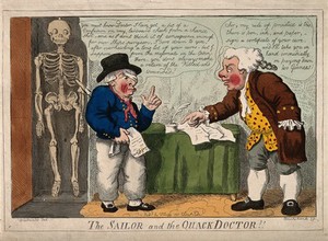 view A sailor with a bandaged eye consulting a mercenary medical practitioner. Coloured etching by I. Cruikshank, 1807?, after G.M. Woodward.