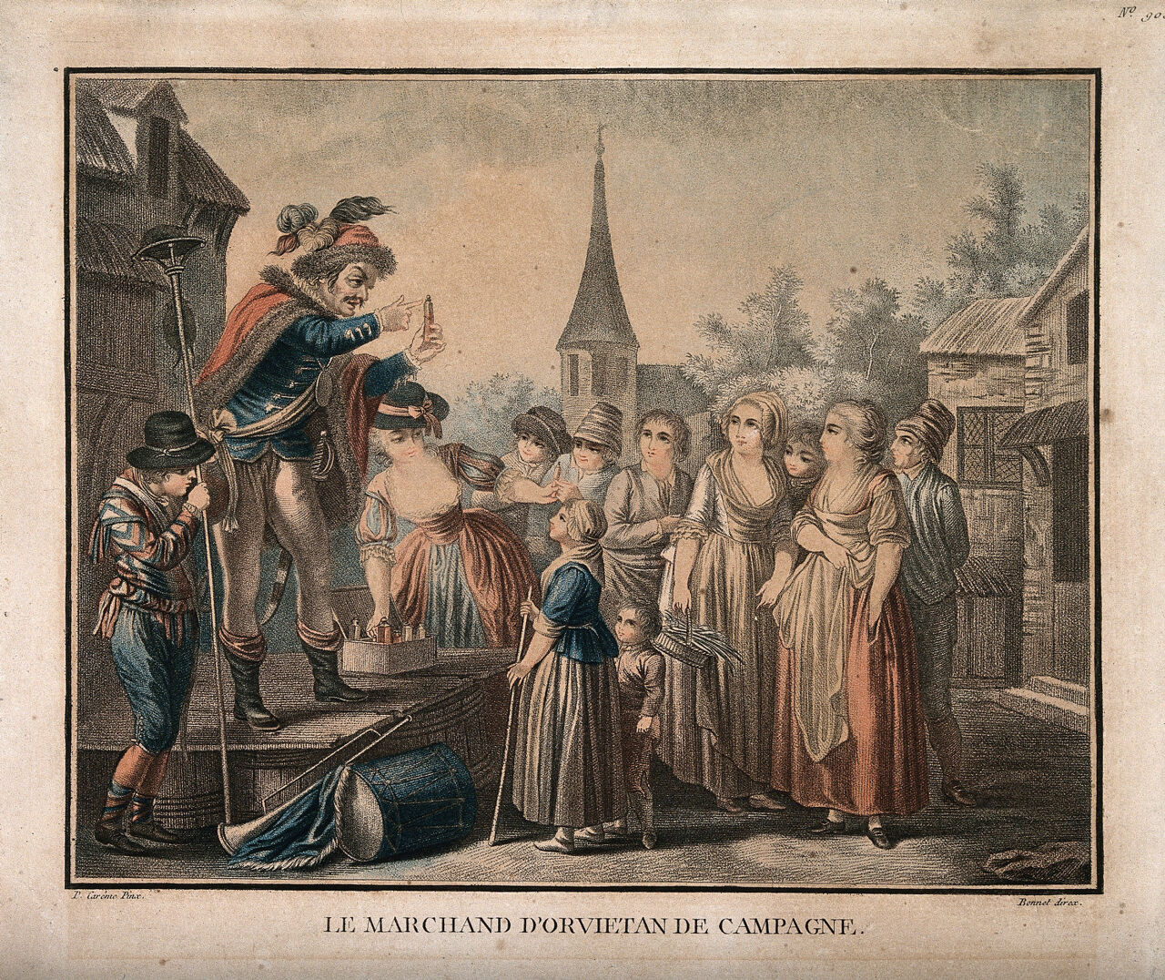 An itinerant medicine vendor selling his wares at a country market, assisted by a woman. Colour stipple engraving by L.-M. Bonnet after J.-P. Caresme., 1700-1799, by Jacques-Philippe Caresme