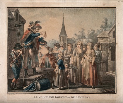 An itinerant medicine vendor selling his wares at a country market, assisted by a woman. Colour stipple engraving by L.-M. Bonnet after J.-P. Caresme.