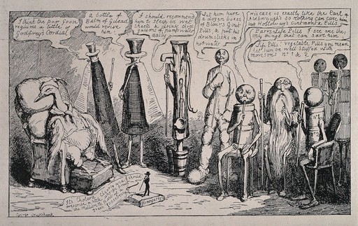 A large group of doctors deliberating around a patient; presented by figures bearing the characteristics of the cures they are prescribing, surrounding a goose. Process print after an etching by G. Cruikshank.