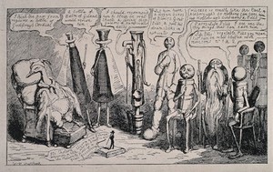 view Vendors of various types of remedies consulting about a patient; the vendors represented by their respective treatments and the patient by a goose. Process print, 19--, after G. Cruikshank, 183-.