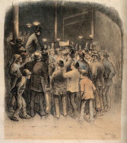 An auctioneer selling fish from a platform to an excited audience, at Billingsgate Market. Coloured crayon-manner lithograph by M. Prior, 1870.