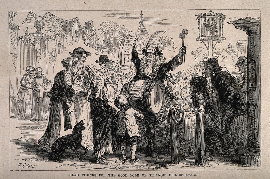 An itinerant vendor advertising his 'sales show' in a square of town. Wood engraving after F. Gilbert.