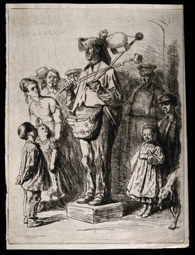 An itinerant musician playing to an audience using an instrument that is partly made out of an animal's bladder. Drypoint by L. Flameng.