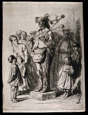 view An itinerant musician playing to an audience using an instrument that is partly made out of an animal's bladder. Drypoint by L. Flameng.