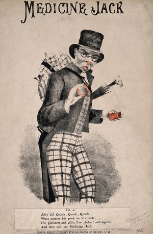 view An itinerant medicine vendor known as Medicine Jack carrying his wares in a knapsack on his back. Coloured lithograph.