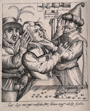 view An itinerant surgeon extracting stones from a woman's head; symbolising the removal of her 'folly' (insanity). Line engraving after N. Weydtmans after himself.