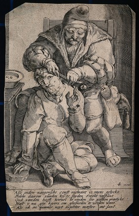 An itinerant surgeon extracting stones from a man's head; symbolising the expulsion of 'folly' (insanity) Line engraving after L. van Leyden.