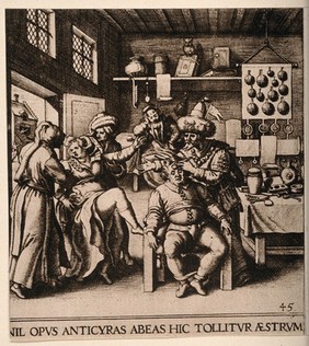 An itinerant surgeon extracting stones from a man's head; symbolising the expulsion of 'folly' (insanity), in the background is a manic woman who is waiting for the operation. Photogravure, 1926, after T. de Brij after M. de Vos.