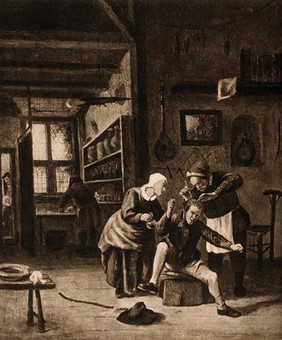 A surgeon in his workroom extracting stones from a patients head; symbolising the expulsion of 'folly' (insanity). Photogravure after J. Steen.