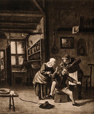 view A surgeon in his workroom extracting stones from a patients head; symbolising the expulsion of 'folly' (insanity). Photogravure after J. Steen.