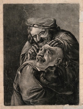 A malicious itinerant surgeon extracting stones from a grimacing patient's head; symbolising the extraction of 'folly' (insanity). Mezzotint by J. van der Bruggen after D. Teniers.