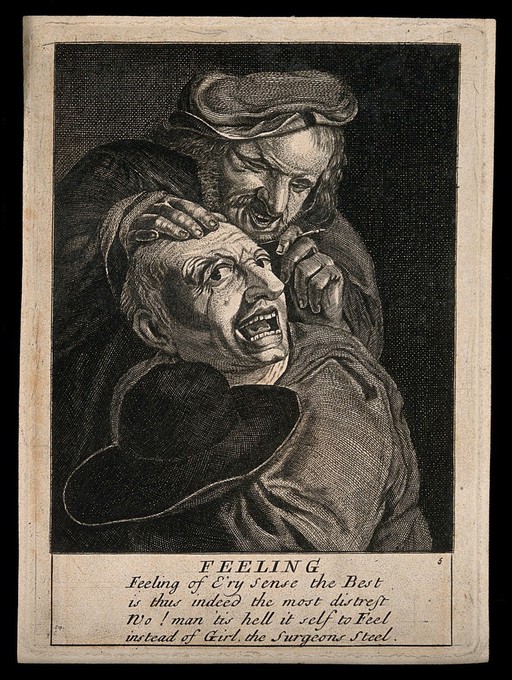 A malicious itinerant surgeon extracting stones from a grimacing patient's head; symbolising the extraction of 'folly'(insanity). Engraving after D. Teniers.