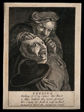 A malicious itinerant surgeon extracting stones from a grimacing patient's head; symbolising the extraction of 'folly' (insanity). Engraving after D. Teniers.