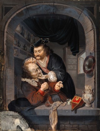 A surgeon in his workroom extracting stones from a man's head; symbolising the expulsion of 'folly' (insanity). Gouache painting by J. Einsle, 1806, after G. Dou.