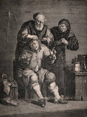 view An itinerant surgeon extracting stones from a grimacing patient; symbolising the expulsion of 'folly' (insanity). Engraving.