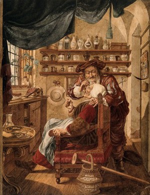 view A barber-surgeon extracting stones from a woman's head; symbolising the expulsion of 'folly' (insanity). Watercolour by J. Cats, 1787, after B. Maton.