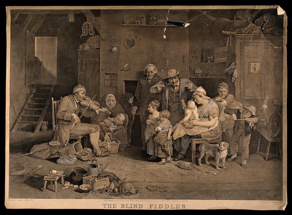 A blind man plays the fiddle to a family audience. Colour engraving by J. Burnet after D. Wilkie, 1806.