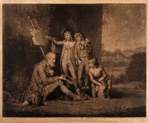 view Three schoolboys giving charity to a blind beggar. Mezzotint by J.R. Smith, 1784, after W.R. Bigg.