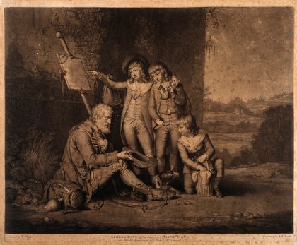 Three schoolboys giving charity to a blind beggar. Mezzotint by J.R. Smith, 1784, after W.R. Bigg.