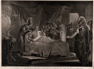 view Alexander the Great, demonstrating his trust in his physician Philip by drinking a medicinal draught prepared by him after receiving a letter from General Parmenio indicating that Philip is poisoning him, they are surrounded by concerned statesmen and soldiers. Aquatint by P. Allais.